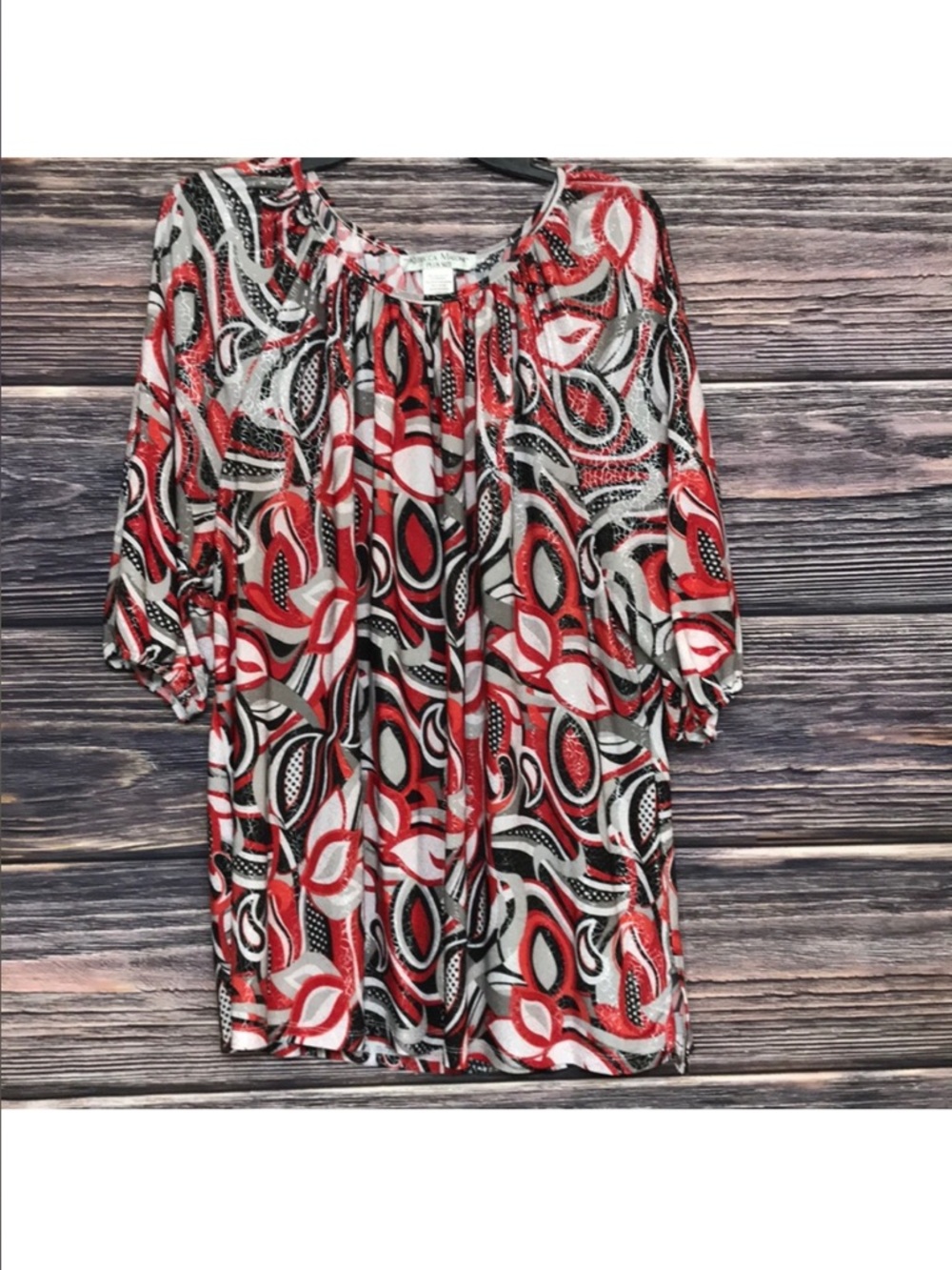 3/$10 Rebecca Malone Red, Black & White Abstract Print Blouse Size 2X